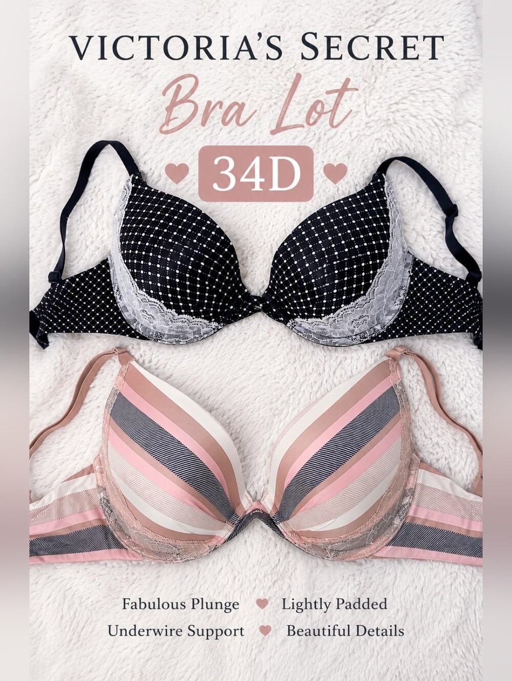 Victoria's Secret 34D Fabulous Plunge Bra Lot Pink Stripe & Black Polka Dot Lace